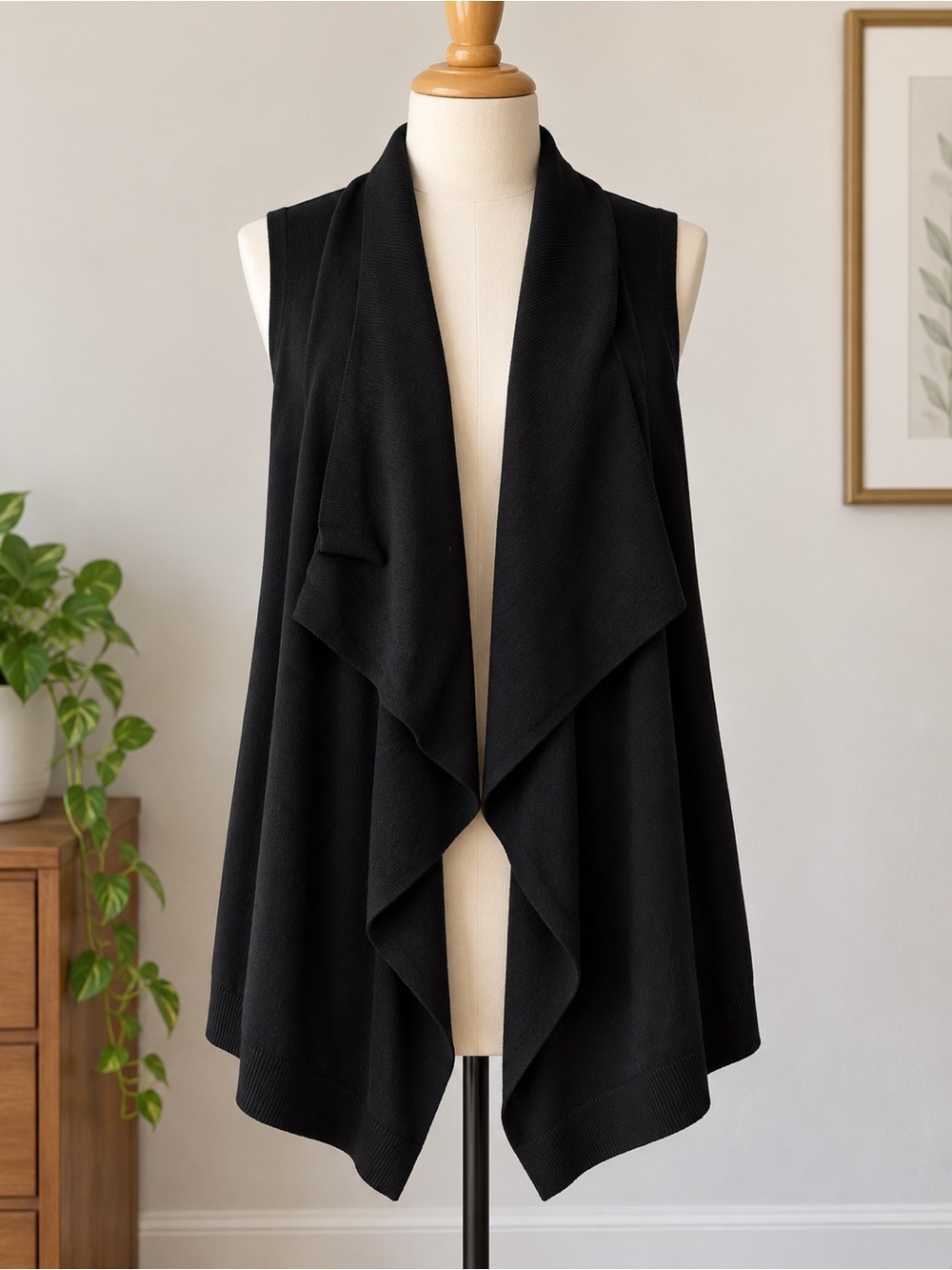 Talbots Black Draped Open-Front Sleeveless Cardigan Vest